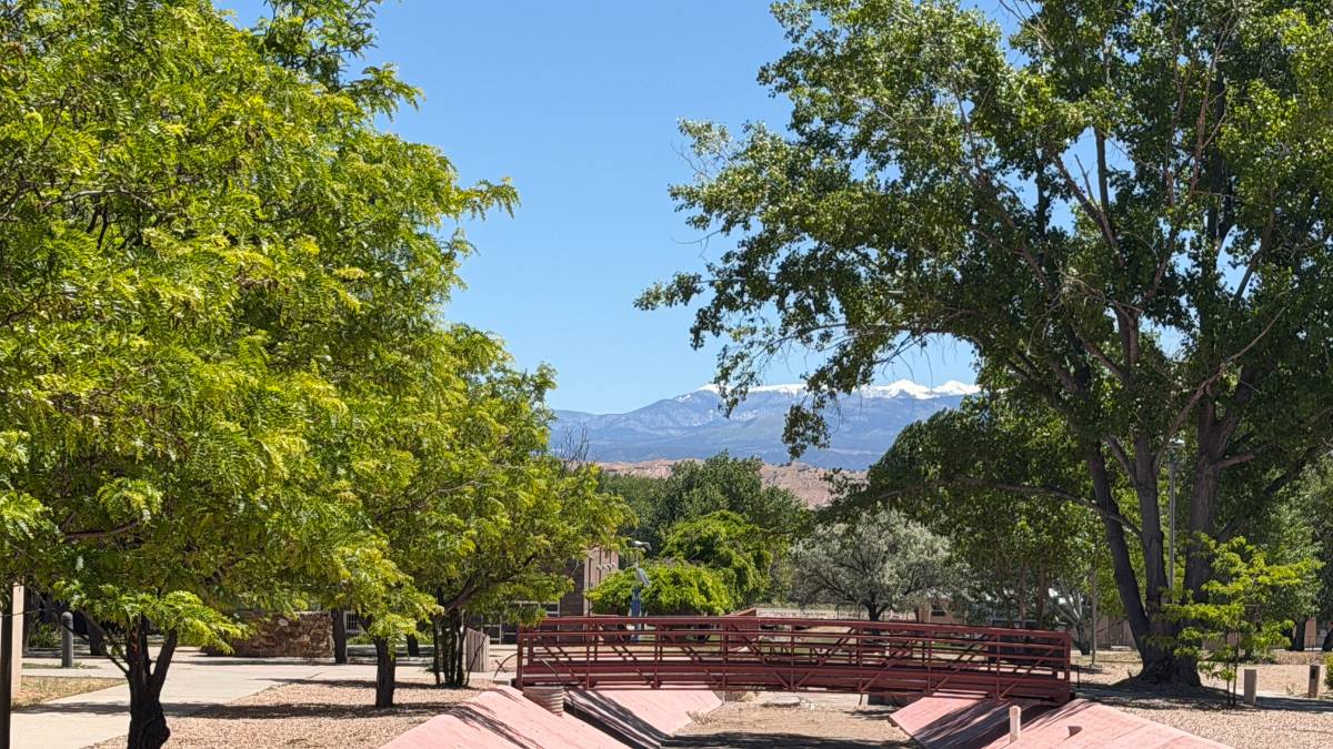 An image of a bridge crossing the arroyo that runs through campus, with trees on both sides framing snow covered mountains in the distance. 