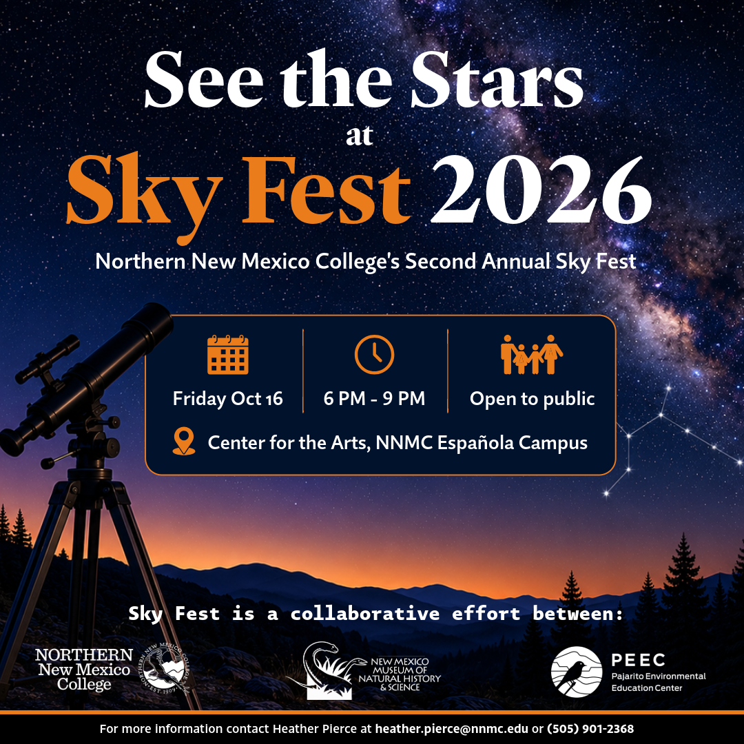 An image of a night sky at sunset with a telescope in the lowere right corner. Text reads "See the stars at Sky Fest, Northern New Mexico College 2nd annual Sky Fest 2026," with basic event information from the narrative.
